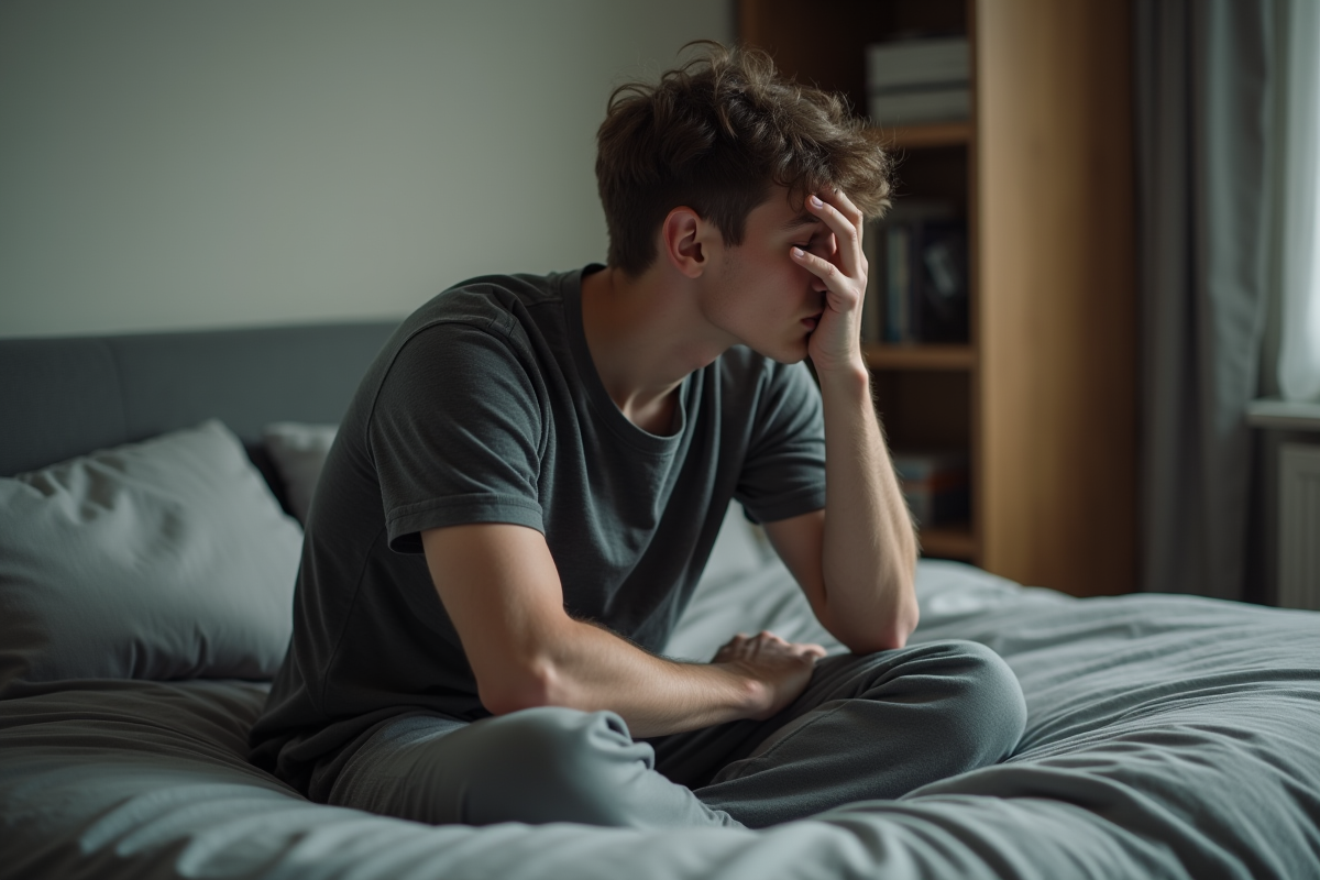 Jeune homme pensif dans sa chambre simple