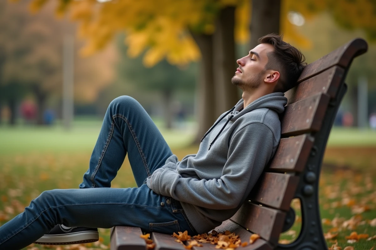 Jeune homme reposant sur un banc dans un parc en automne