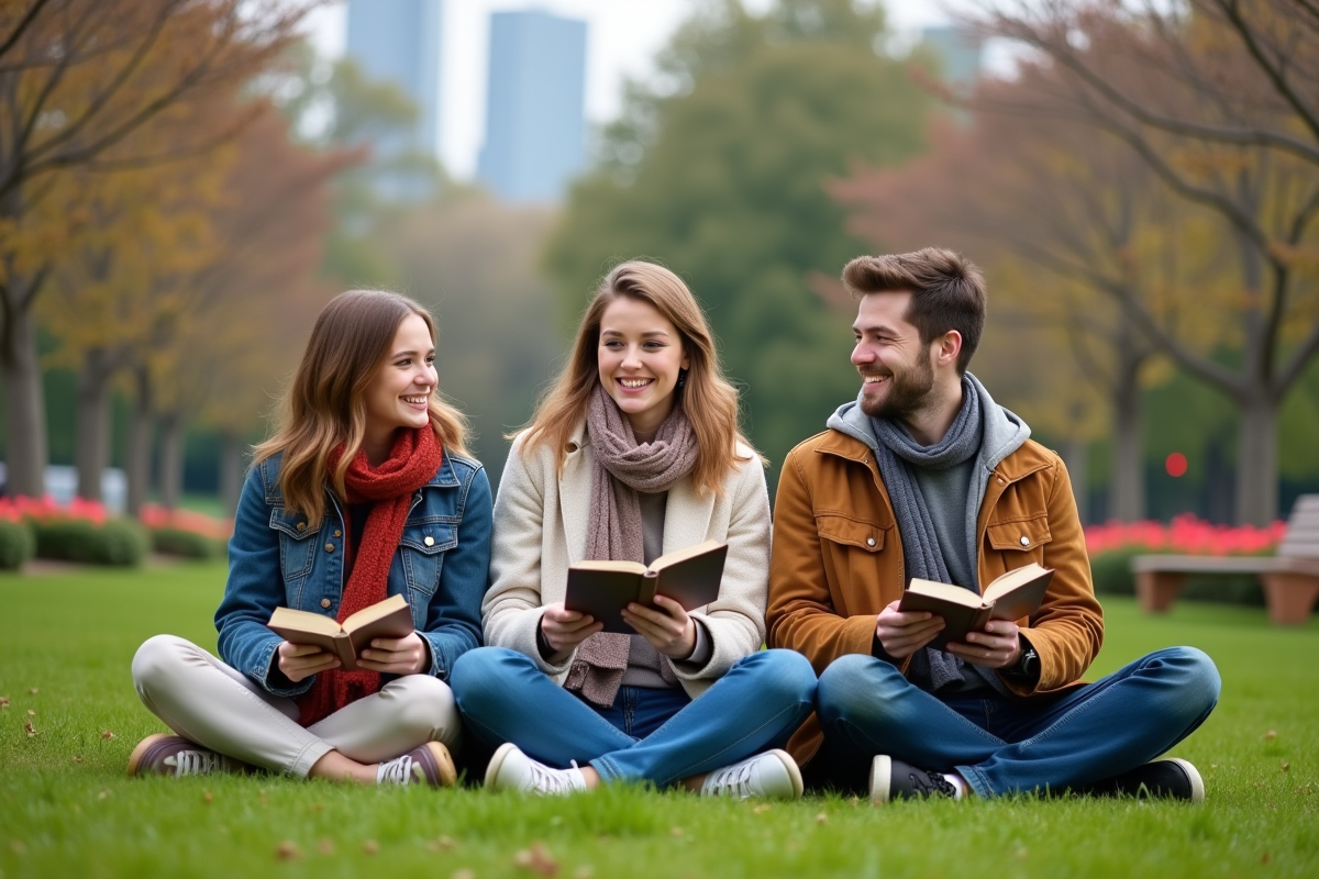 Jeunes adultes discutant dans un parc ensoleille