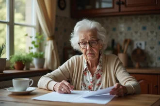 Femme âgée de plus de 80 ans relisant des documents de location à sa table de cuisine, illustrant les droits du locataire senior face à un congé du bailleur