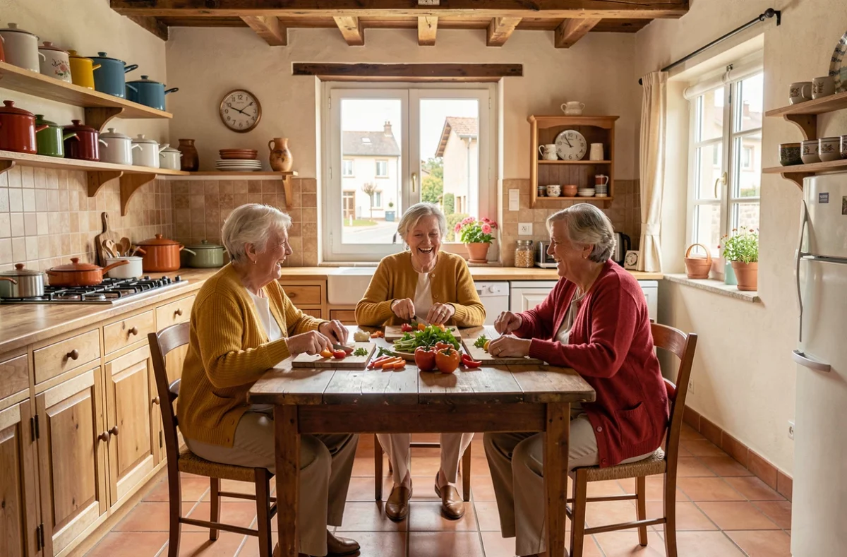 Trois seniors préparant des légumes ensemble dans la cuisine partagée de La Maison de Blandine de Champagne-au-Mont-d'Or, habitat partagé dans le Rhône