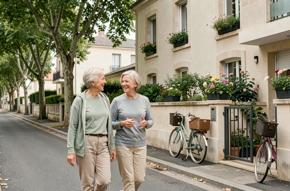 Deux seniors se promenant devant La Maison de Blandine de Tassin-la-Demi-Lune, résidence coliving senior proche de Lyon dans un quartier résidentiel verdoyant