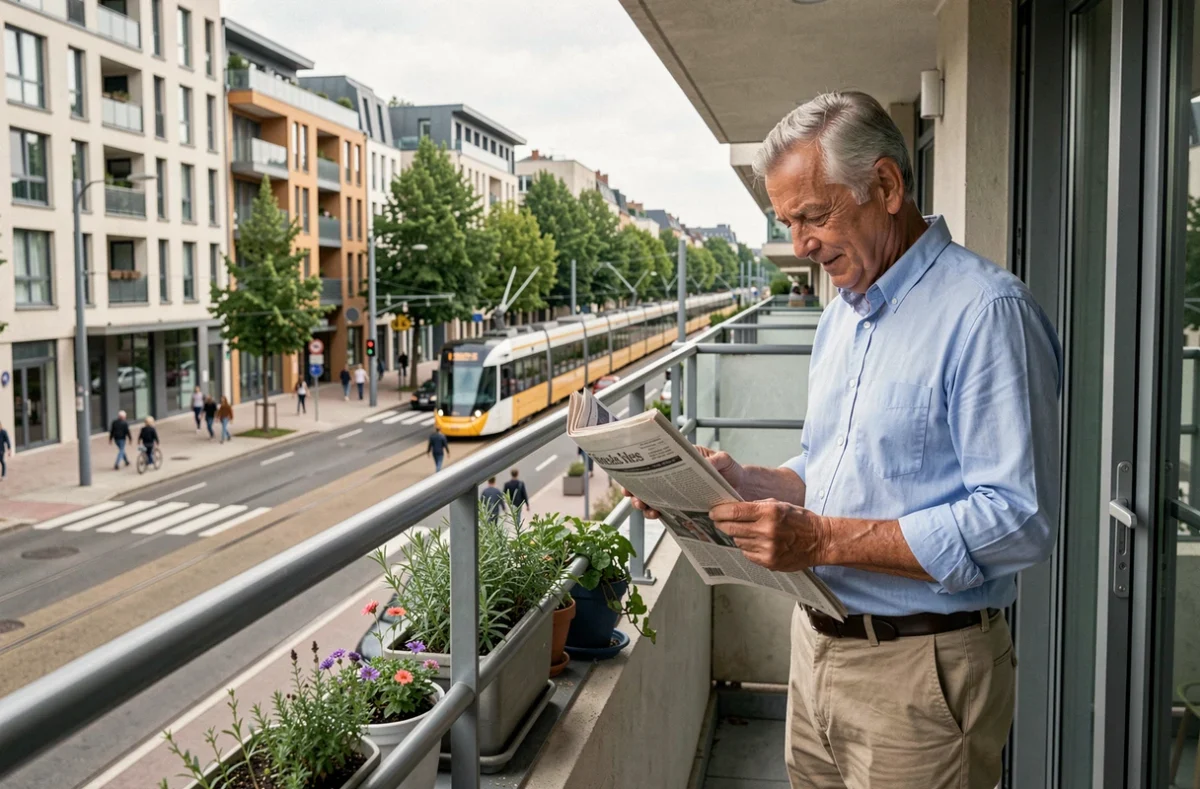 Senior lisant son journal sur le balcon de La Maison de Blandine à Villeurbanne, avec la rue animée et l'architecture urbaine de la ville en arrière-plan