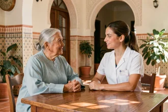 Résidente âgée et soignante discutant dans une maison de retraite marocaine au décor traditionnel