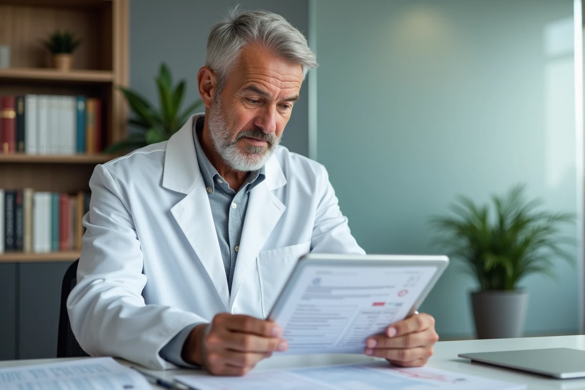 Médecin gériatre analysant les scores ADL sur des fiches d'évaluation clinique dans son bureau de consultation