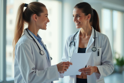 Docteur souriant remettant un certificat médical à une jeune femme sportive