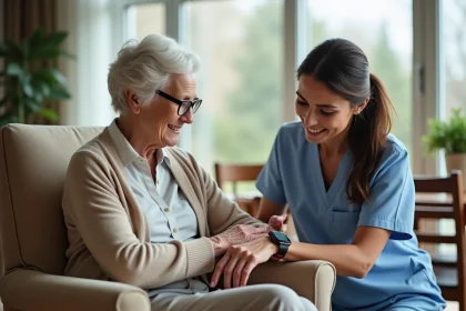 Femme âgée en maison de retraite examinant sa montre connectée de santé avec l'aide d'un soignant