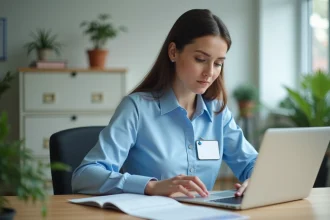 Nouvelle recrue ADMR en uniforme consultant le logiciel Philia sur un ordinateur portable dans un bureau administratif
