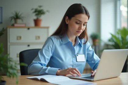 Nouvelle recrue ADMR en uniforme consultant le logiciel Philia sur un ordinateur portable dans un bureau administratif