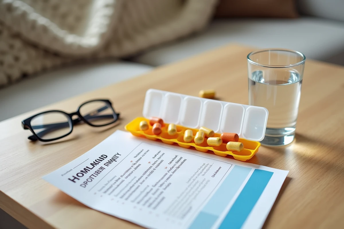 Pilulier hebdomadaire avec capsules de vitamines et notice médicale pour seniors prenant de l'Azinc
