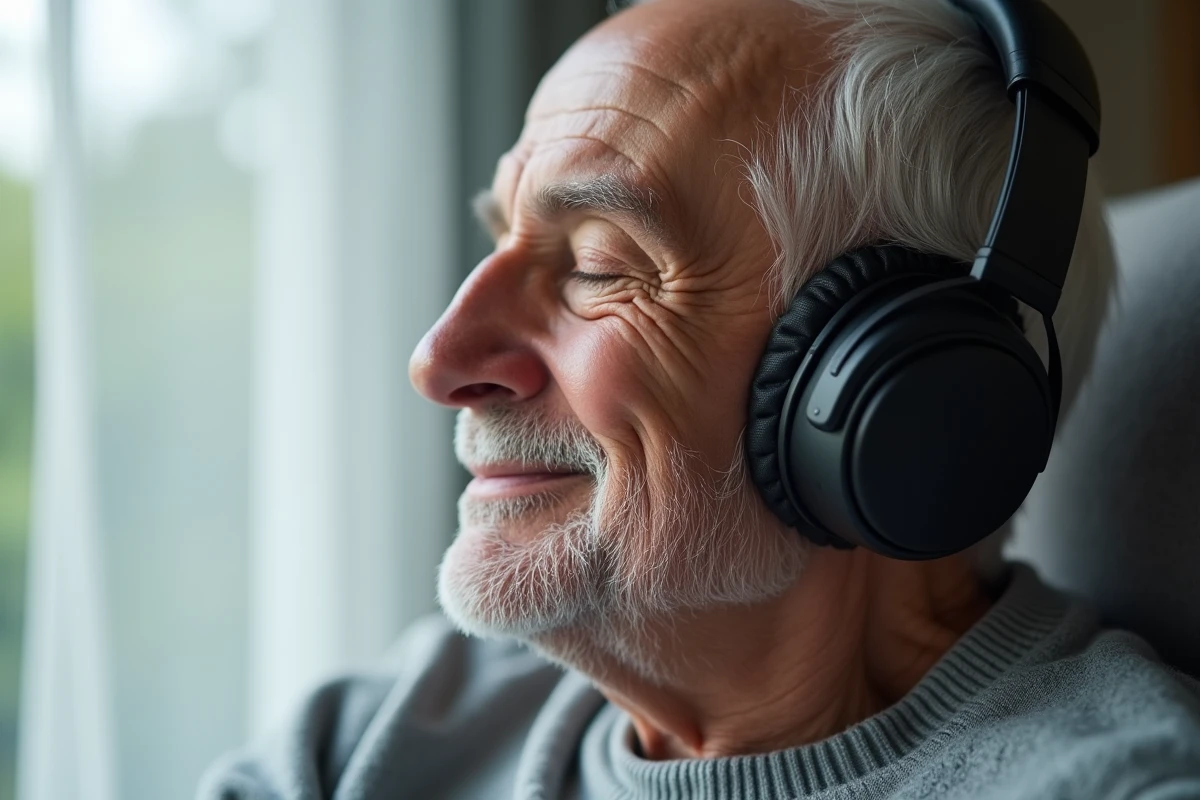 Portrait en gros plan d'un senior portant un casque TV sans fil avec expression sereine