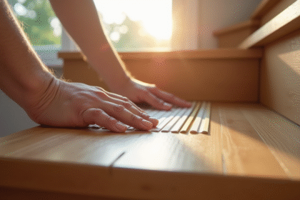 Installation de bandes antidérapantes sur escalier en bois