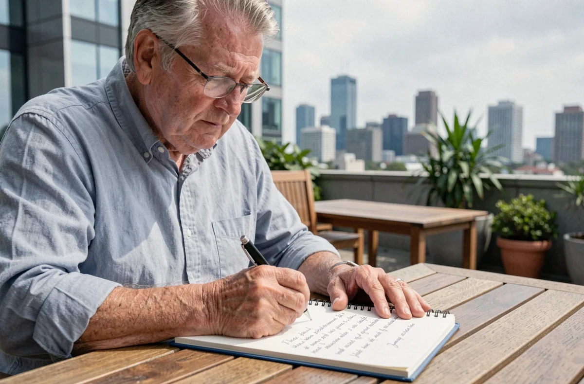 Homme senior préparant son discours de départ à la retraite en relisant ses notes manuscrites sur une terrasse urbaine