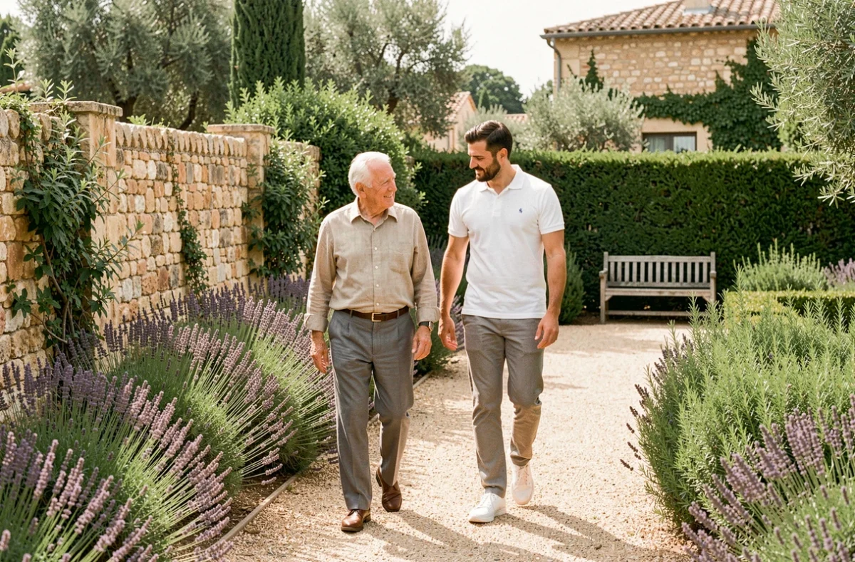Résident âgé se promenant dans le jardin d'un EHPAD à Nîmes accompagné d'un physiothérapeute