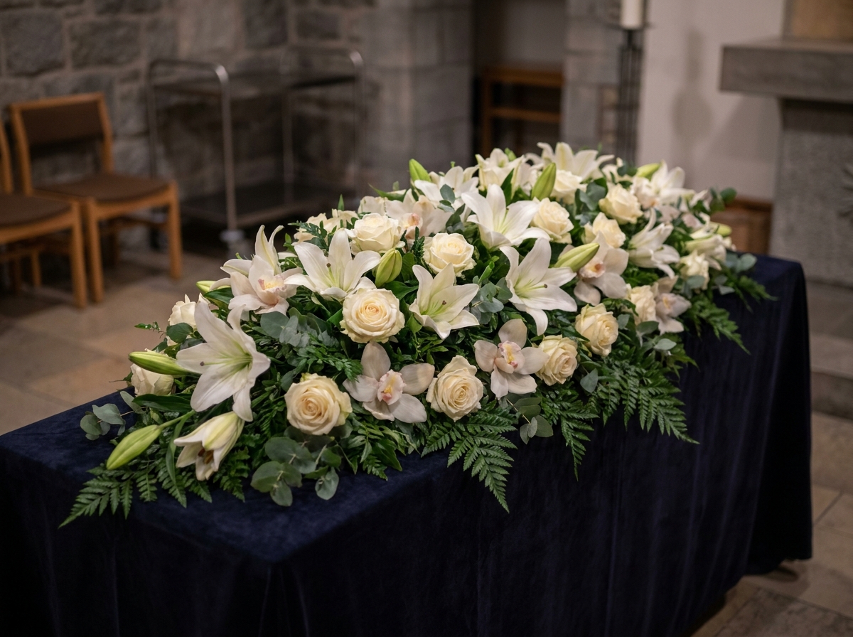 Raquette funéraire horizontale composée de lys blancs, roses crème et orchidées disposées en panneau dense sur un velours sombre, conçue pour couvrir toute la largeur d'un cercueil.