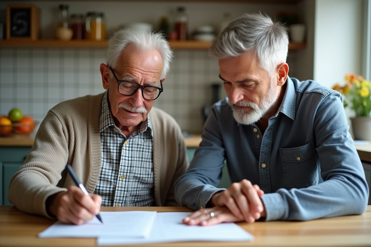 Senior remplissant une checklist avec son fils dans la cuisine