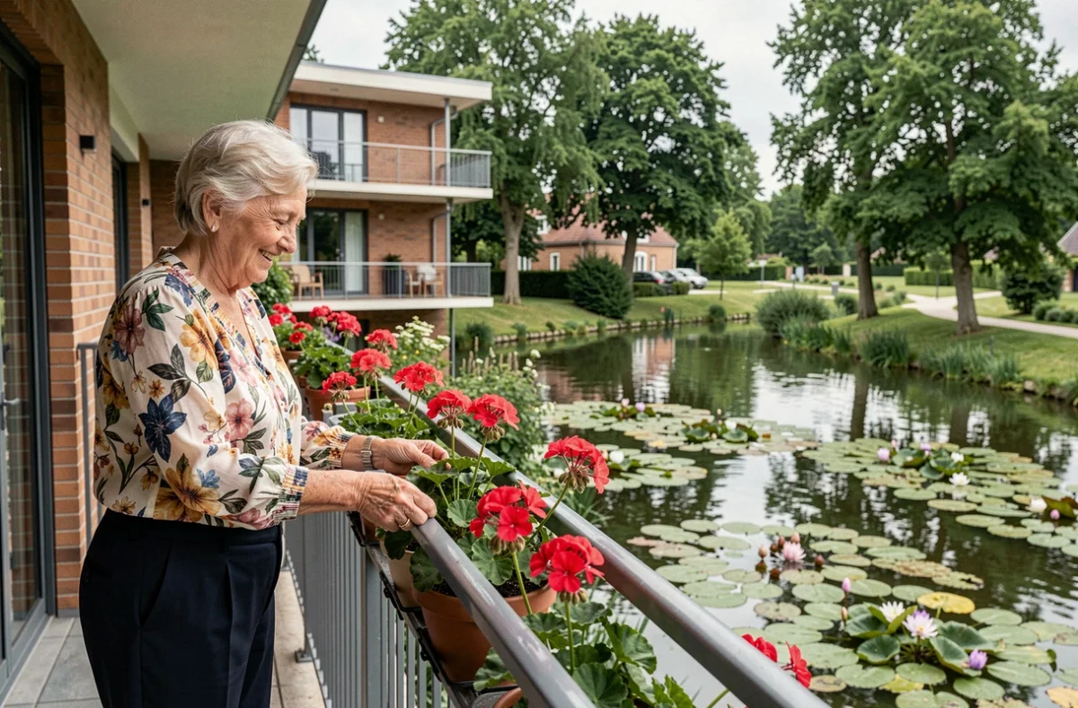 Résidente autonome profitant de son balcon fleuri avec vue sur les nymphéas à Louviers