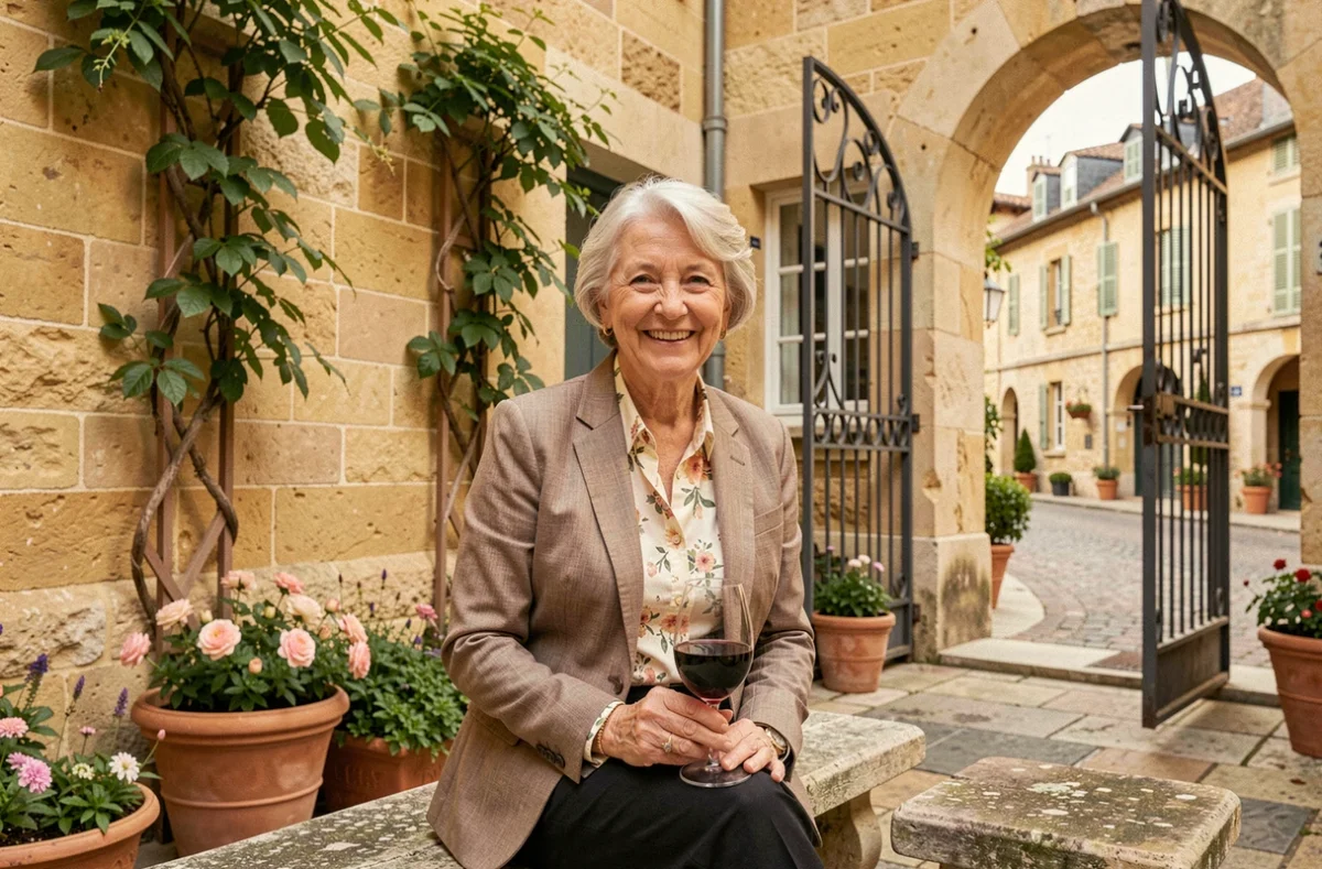 Senior élégante savourant un verre de Beaujolais dans la cour en pierre dorée de la Résidence Nohée Villefranche-sur-Saône Cœur Impérial