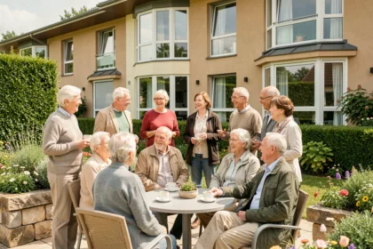Groupe de seniors actifs réunis sur la terrasse ensoleillée d'une résidence en Auvergne-Rhône-Alpes, symbole de vie collective et de bien-être