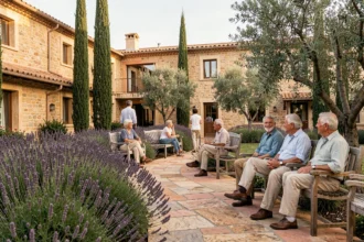 Cour extérieure d'une résidence seniors en Provence avec jardin méditerranéen et personnes âgées se promenant