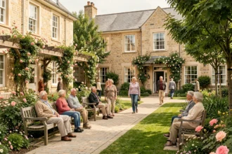 Résidents seniors se retrouvant dans le jardin fleuri d'une résidence senior en Normandie, dans l'Eure