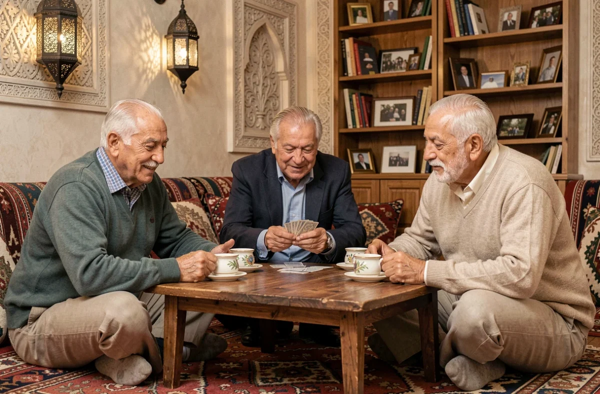 Résidents âgés partageant un thé à la menthe dans le salon convivial d'une maison de retraite marocaine