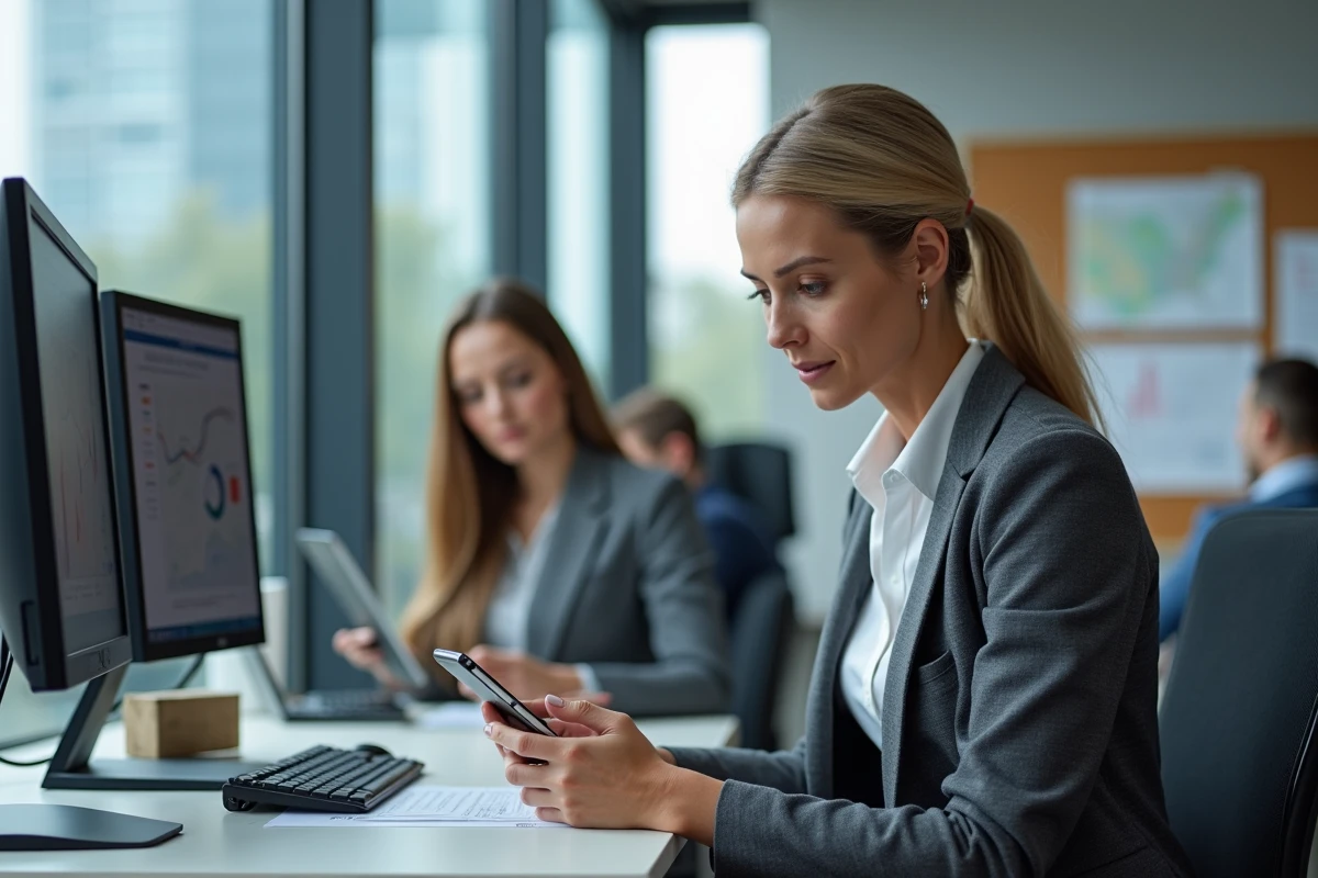 Responsable logistique consultant l'application de télégestion LogisFil sur smartphone dans un bureau de dispatch