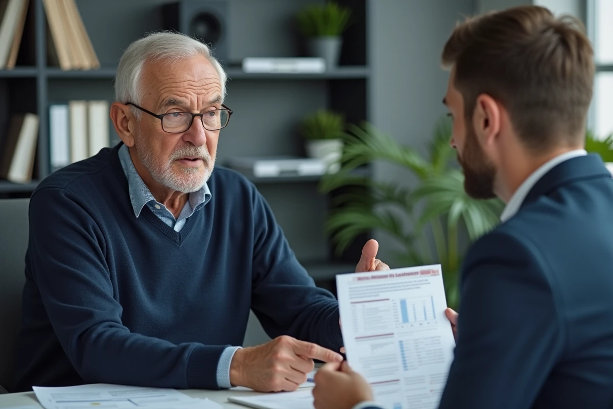 Retraité homme de plus de 65 ans en rendez-vous avec un conseiller financier pour faire le point sur ses droits et avantages retraite