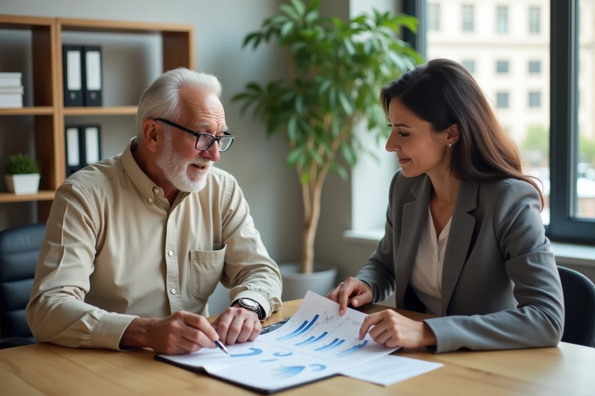 Un retraité consulte une conseillère financière au sujet de son épargne placée et des implications sur son allocation ASPA