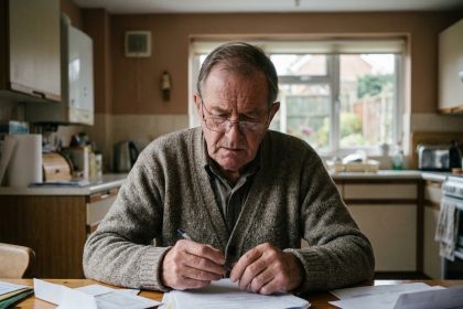 Retraité en pull cardigan examinant des contrats d'assurance et des factures sur une table de cuisine en bois, l'air préoccupé