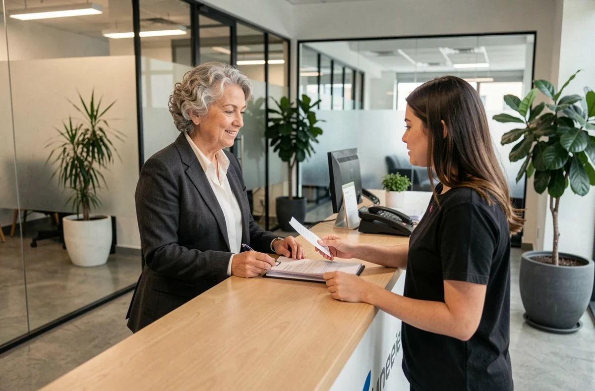 Femme senior en activité professionnelle partielle accueillant une collègue dans une entreprise, représentant le dispositif de cumul emploi-retraite