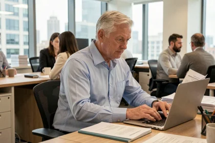 Homme retraité reprenant une activité professionnelle à temps partiel dans un bureau moderne, illustrant le cumul emploi-retraite