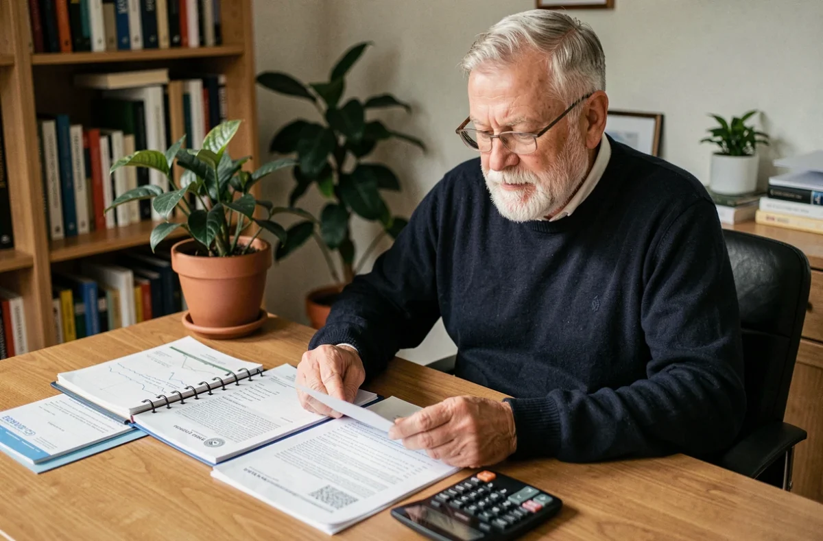 Retraité à domicile étudiant des documents administratifs liés au cumul emploi-retraite, calculatrice et planning sur le bureau