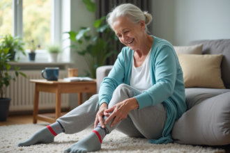 Femme âgée portant chaussettes antidérapantes dans son salon