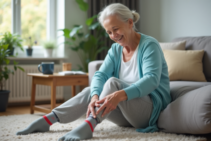 Femme âgée portant chaussettes antidérapantes dans son salon