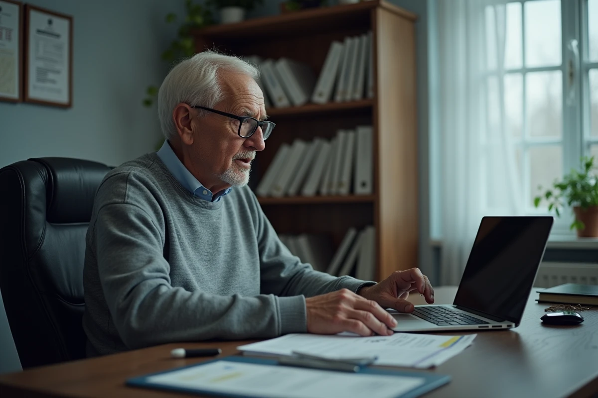 Retraité consultant les informations fiscales 2026 sur son ordinateur portable à domicile