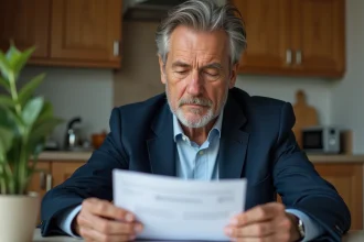 Homme retraité lit une lettre d'impôt dans sa cuisine