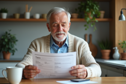 Homme retraité lisant un document fiscal dans la cuisine