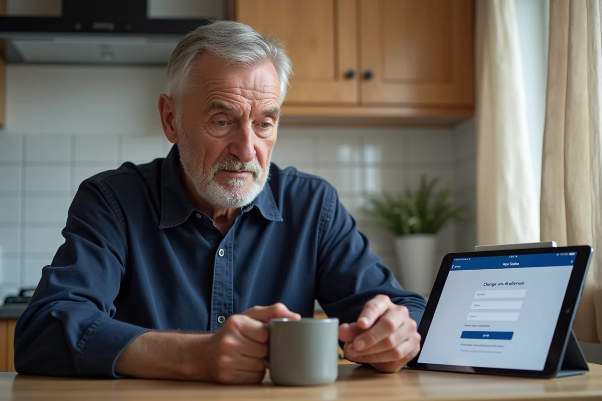 Homme retraité utilisant une tablette dans sa cuisine pour se connecter à son espace Agirc Arrco avec France Connect après un déménagement