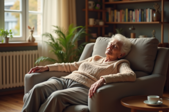 Femme agee en sieste dans un salon lumineux