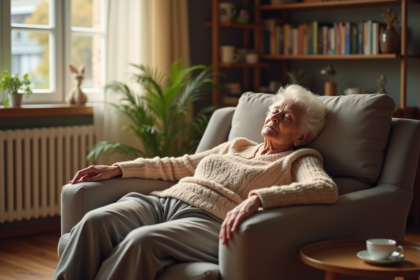 Femme agee en sieste dans un salon lumineux