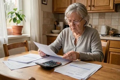 Retraitée française examinant ses documents de pension et complémentaire retraite à une table de cuisine en bois