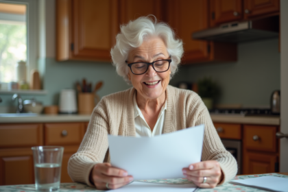 Femme retraitée lisant une lettre dans la cuisine chaleureuse