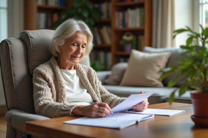 Femme retraitée lisant des documents dans un salon chaleureux