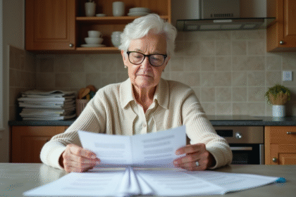 Femme retraitée relisant ses papiers de pension dans sa cuisine