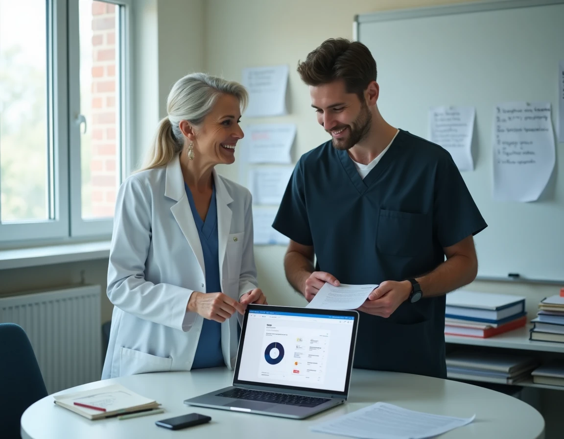 Deux professionnels de santé en réunion de préparation au déploiement du logiciel netsoins en EHPAD
