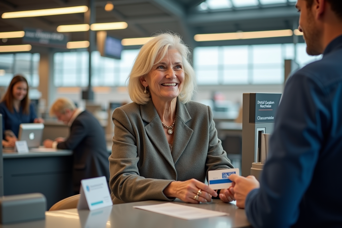 Femme senior souriante à la gare avec sa carte SNCF