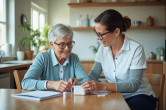 Femme senior souriante aidée par une soignante à la maison