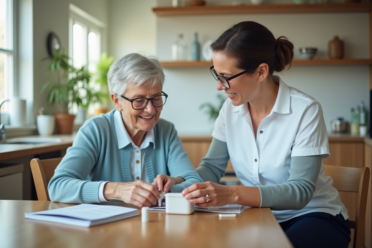 Femme senior souriante aidée par une soignante à la maison