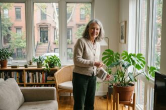 Femme senior arrosant ses plantes d'intérieur dans un salon lumineux